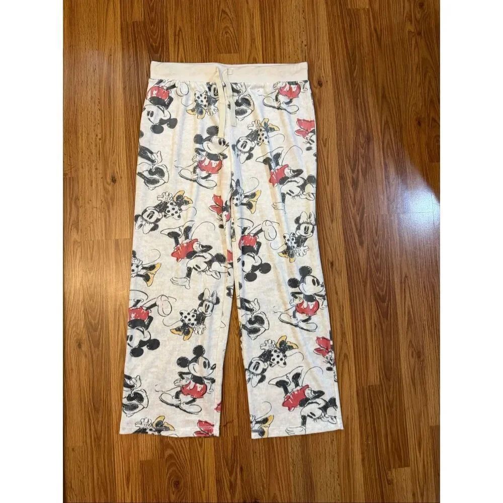 Disney Women's Mickey Mouse Fleece Drawstring Pajama Pants Cream Black Sz Large